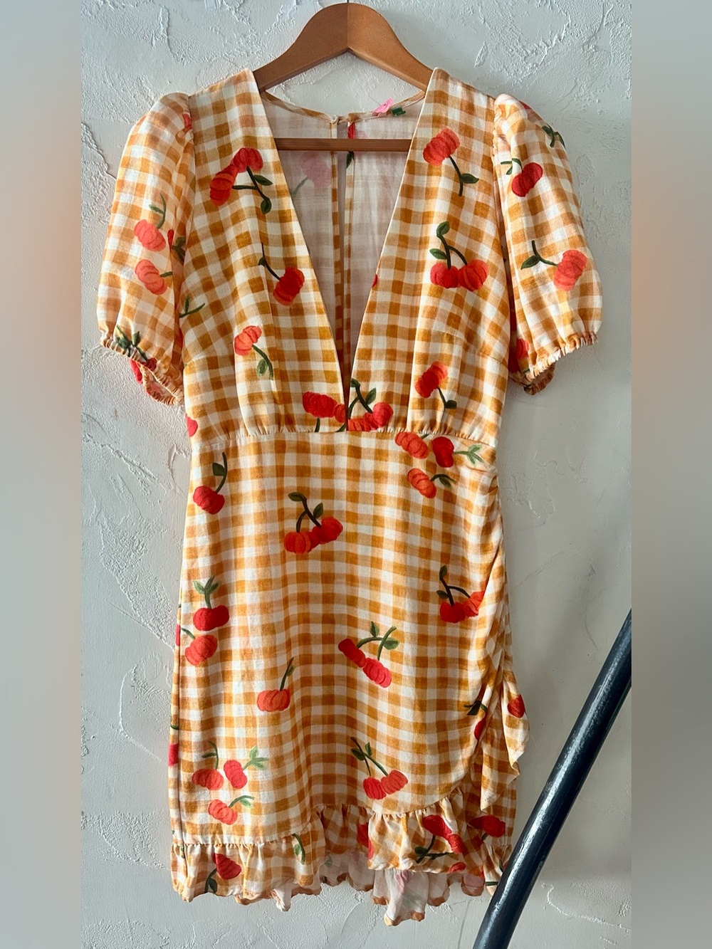 FARM RIO Gingham Cherry Print Puff Sleeve Minidress